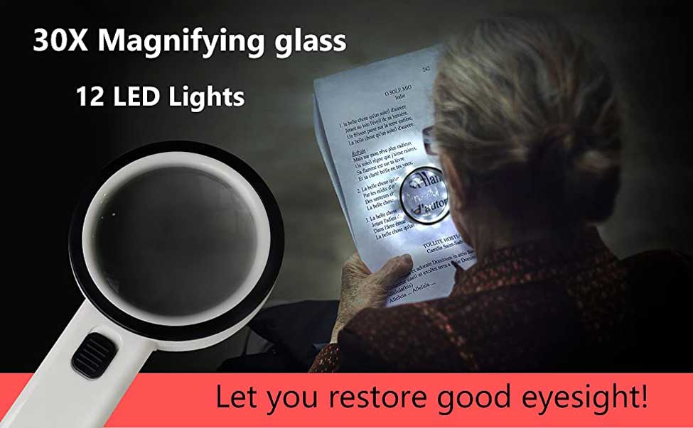 30X Portable Magnifying Glass Illuminated Magnifier Loupe