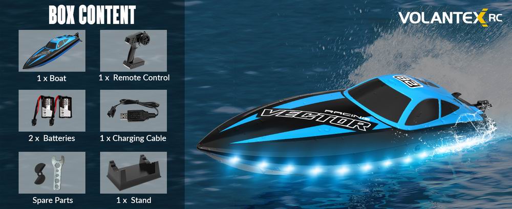 VOLANTEXRC Vector Lumen RC Toy Boat 20mph Fast for Kids Pools Lakes LED Lights Fun Toys